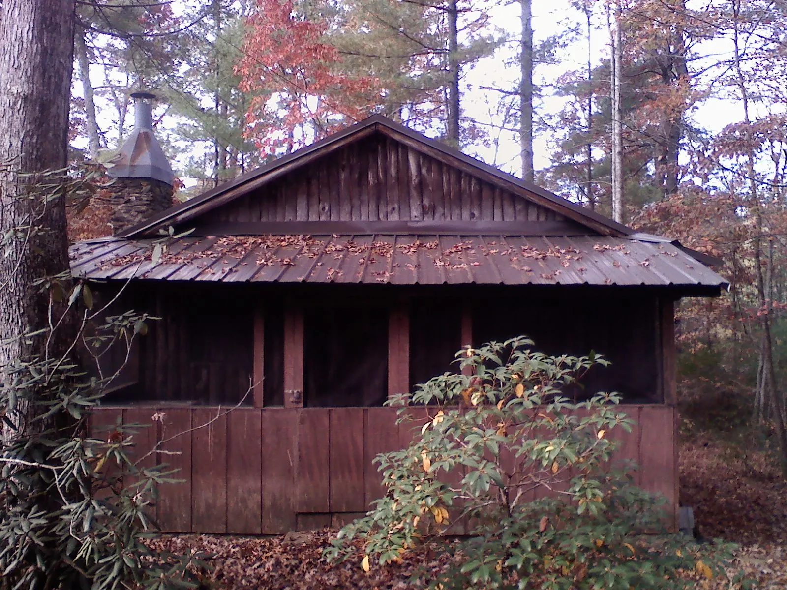 Metal roof over the screened porch of a rustic cabin in Hay Springs